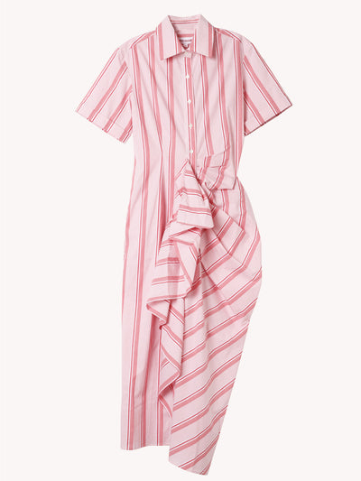 Gathered Ruffle Shirt Dress in Red