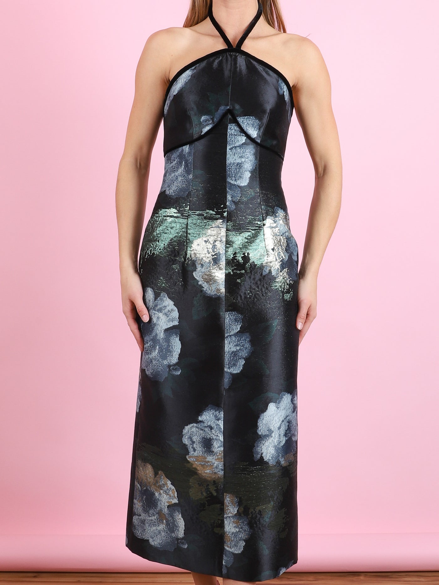 Domino Metallic Watercolor Halter Midi Dress