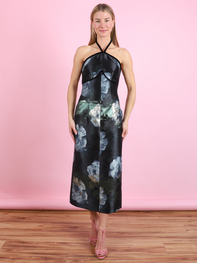 Domino Metallic Watercolor Halter Midi Dress