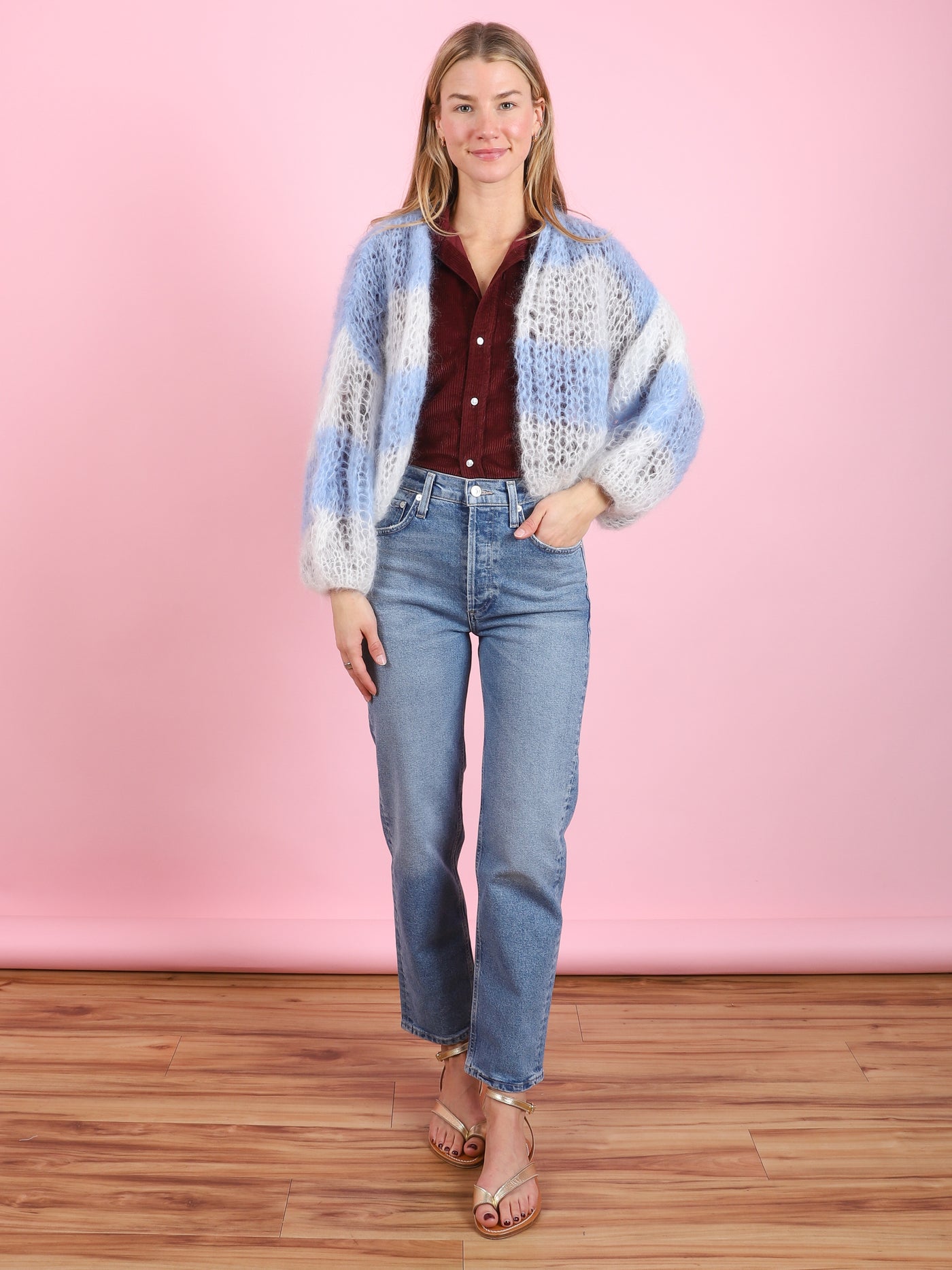 Creme & Blue Mohair Bomber Cardigan