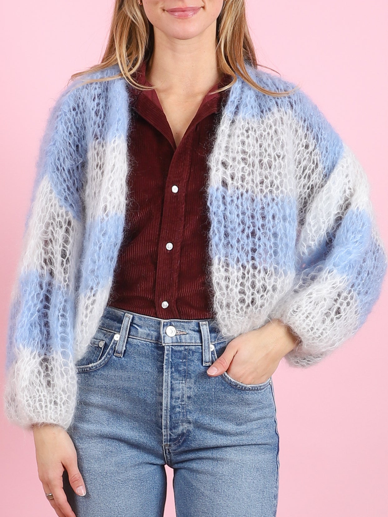 Creme & Blue Mohair Bomber Cardigan