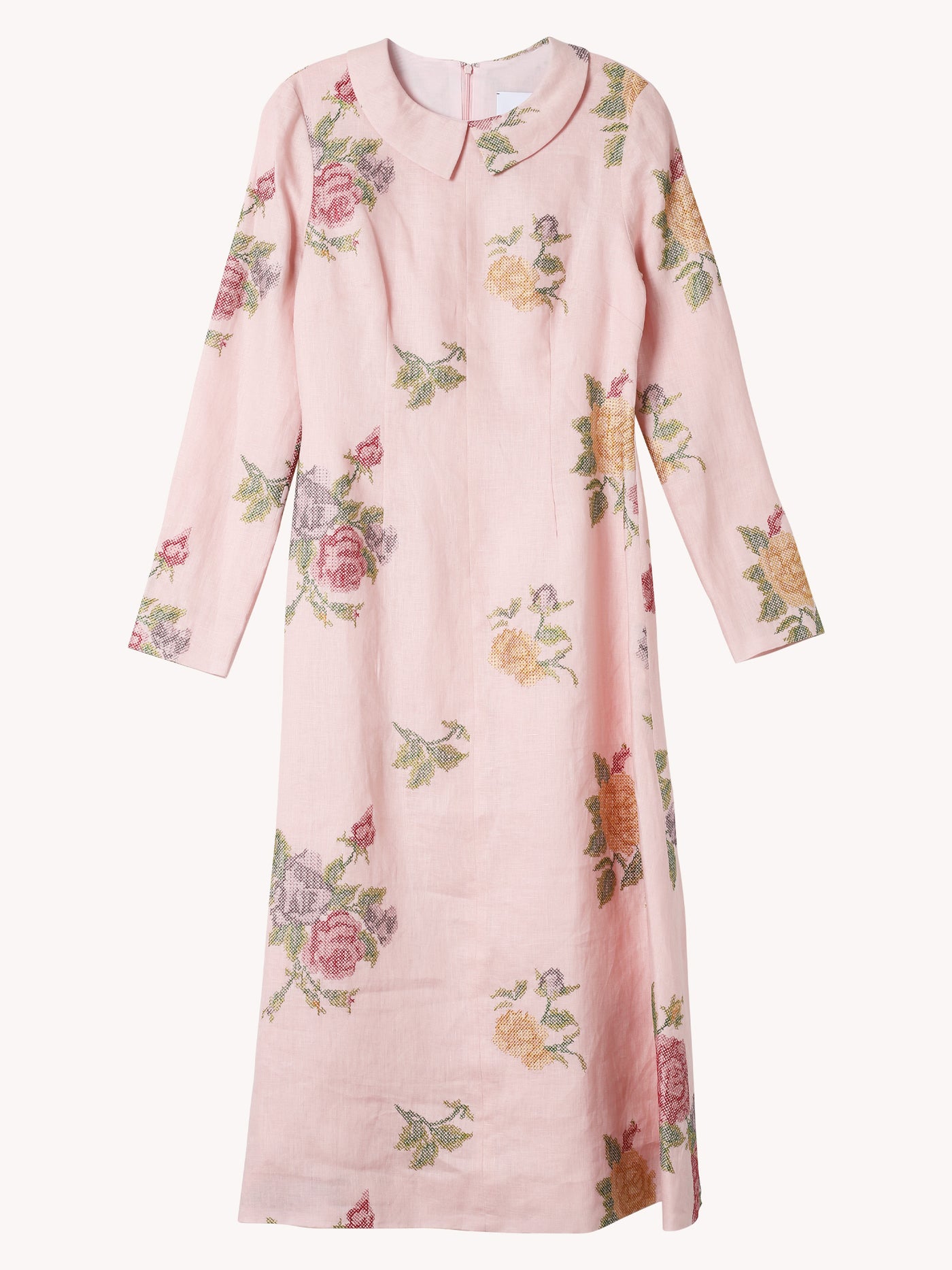 GRETEL LIGHT PINK CROSS STITCH FLORAL MIDI DRESS