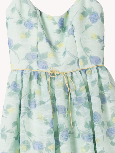 APPLE BLUE AND GREEN FLORAL ORGANZA MIDI DRESS