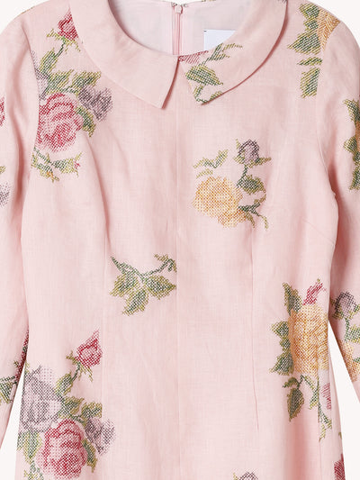 GRETEL LIGHT PINK CROSS STITCH FLORAL MIDI DRESS