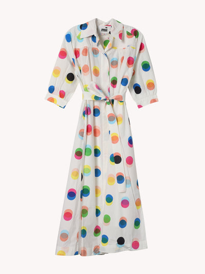 POLKA DOT PRINTED COTTON FRONT BUTTONED SHIRT DRESS