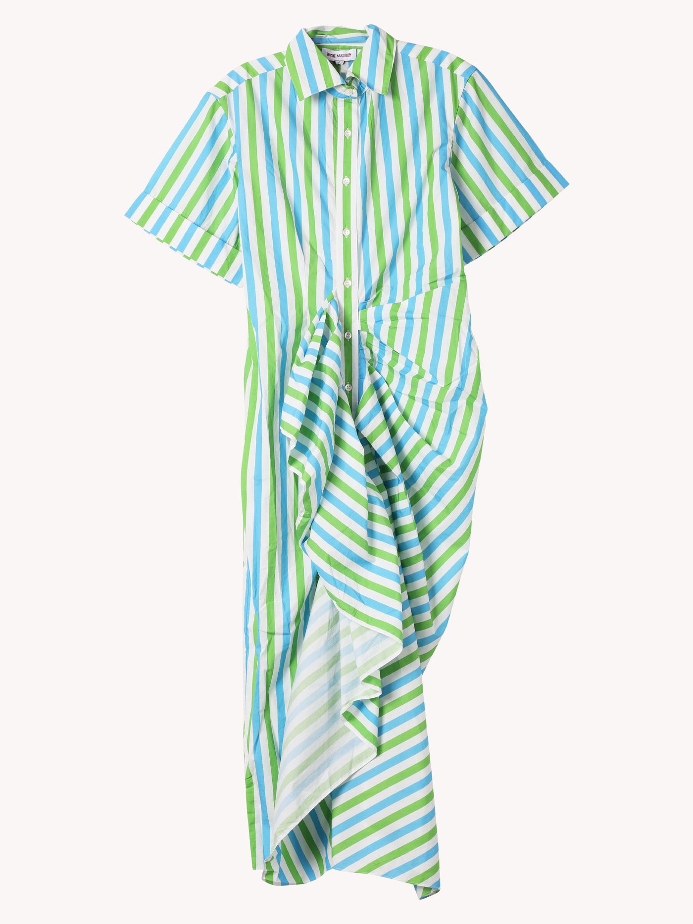 GATHERED RUFFLE SHIRT DRESS IN STRIPE COTTON POPLIN