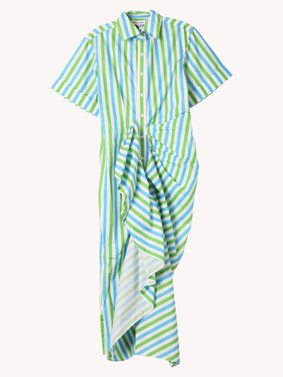 GATHERED RUFFLE SHIRT DRESS IN STRIPE COTTON POPLIN
