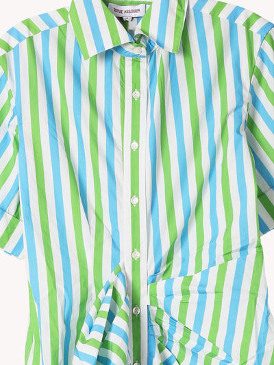 GATHERED RUFFLE SHIRT DRESS IN STRIPE COTTON POPLIN