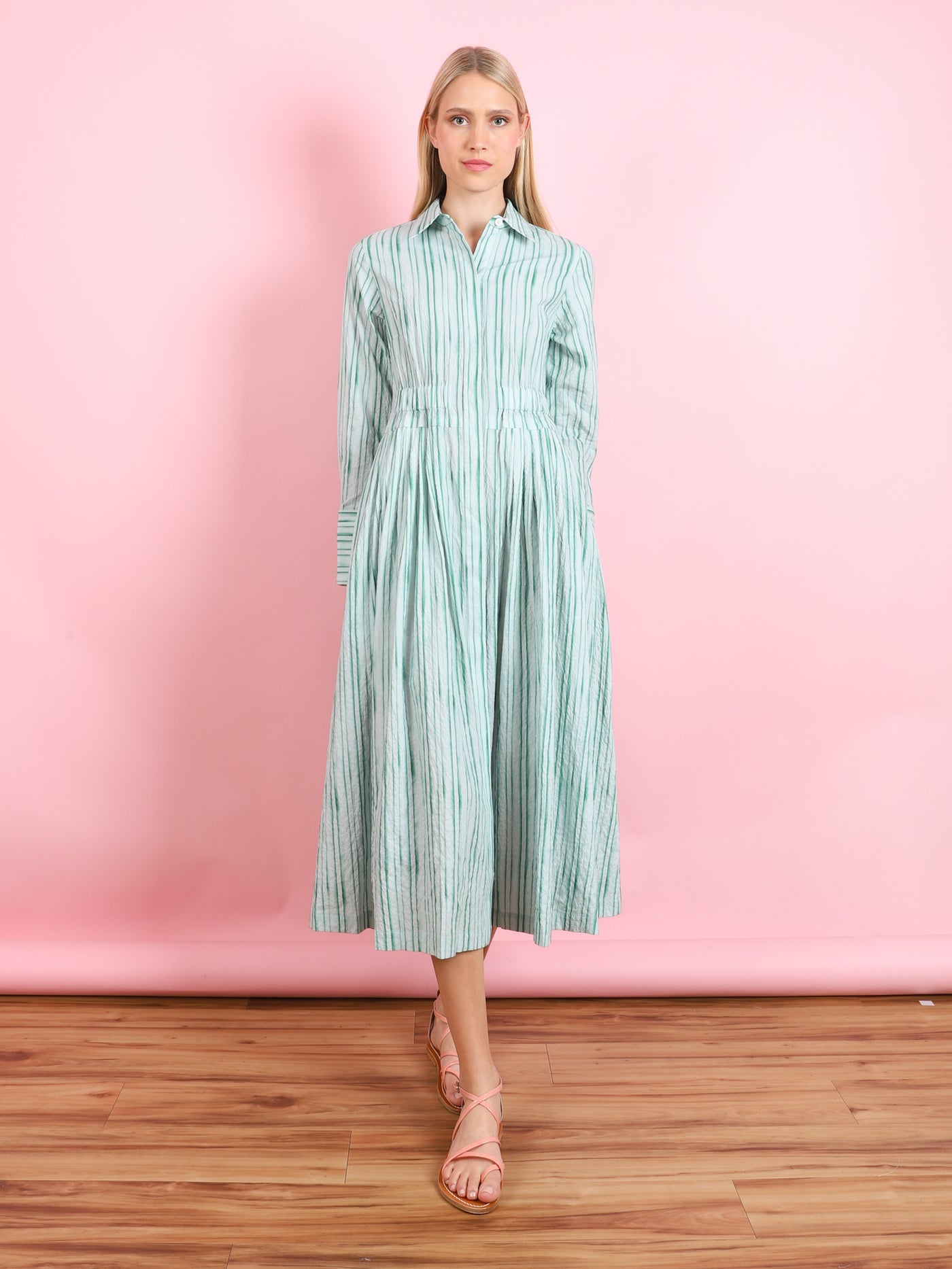 GREEN STRIPE LONG SLEEVED DRESS