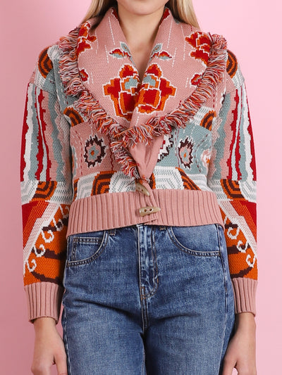 JACQUARD BOMBER CARDIGAN IN PINK