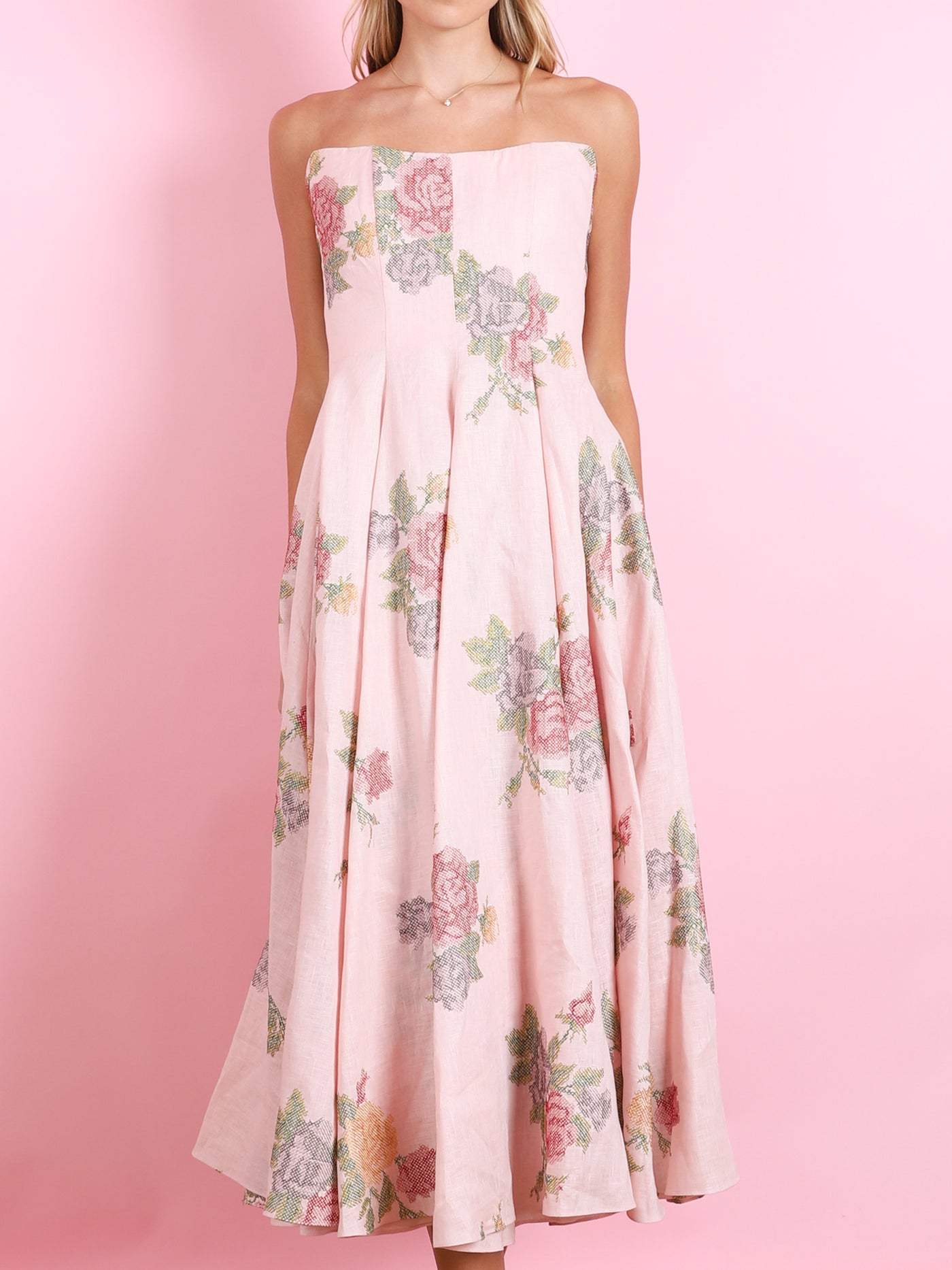 ROUSSEAU LIGHT PINK CROSS STITCH STRAPLESS DRESS