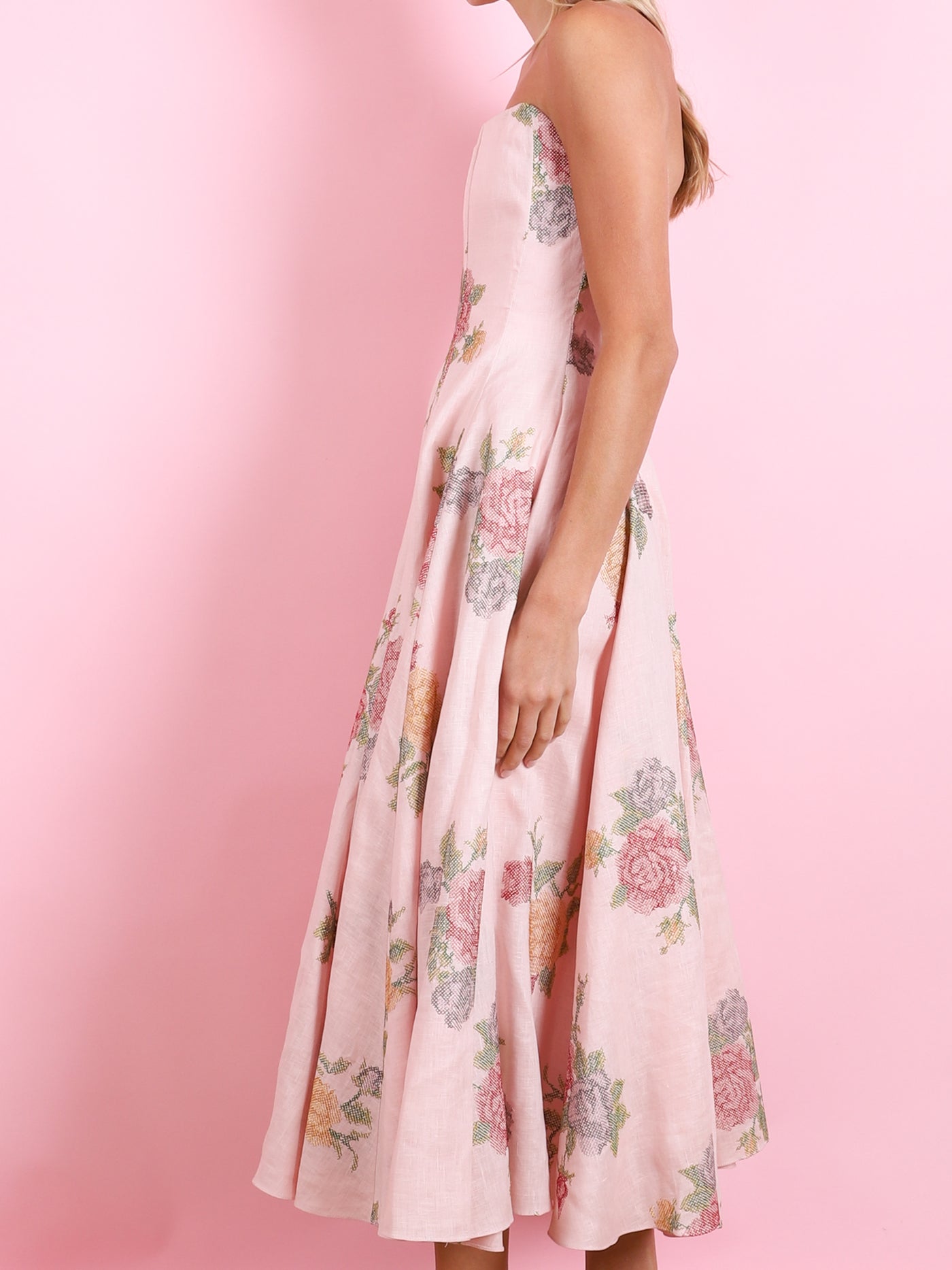 ROUSSEAU LIGHT PINK CROSS STITCH STRAPLESS DRESS