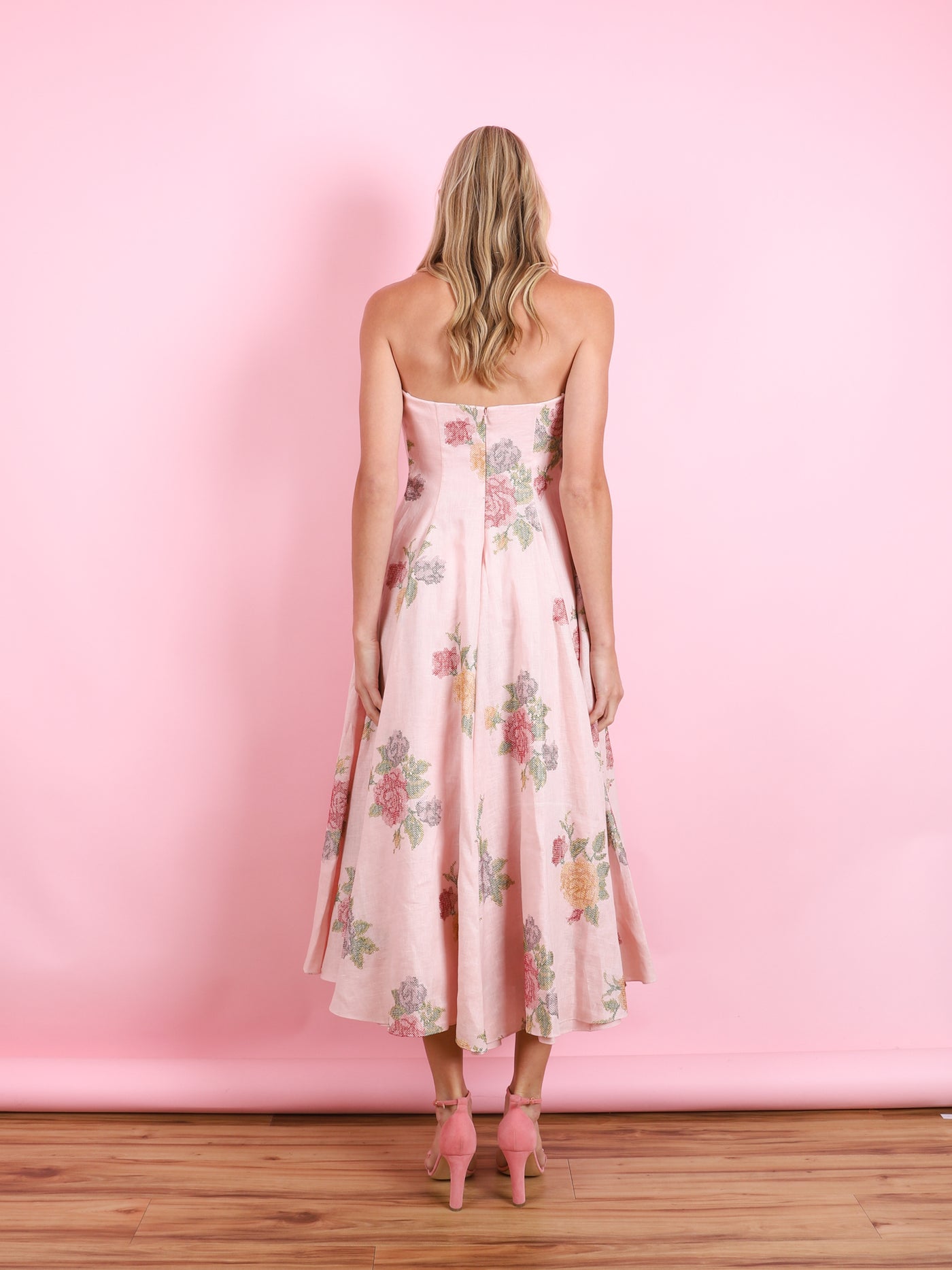 ROUSSEAU LIGHT PINK CROSS STITCH STRAPLESS DRESS