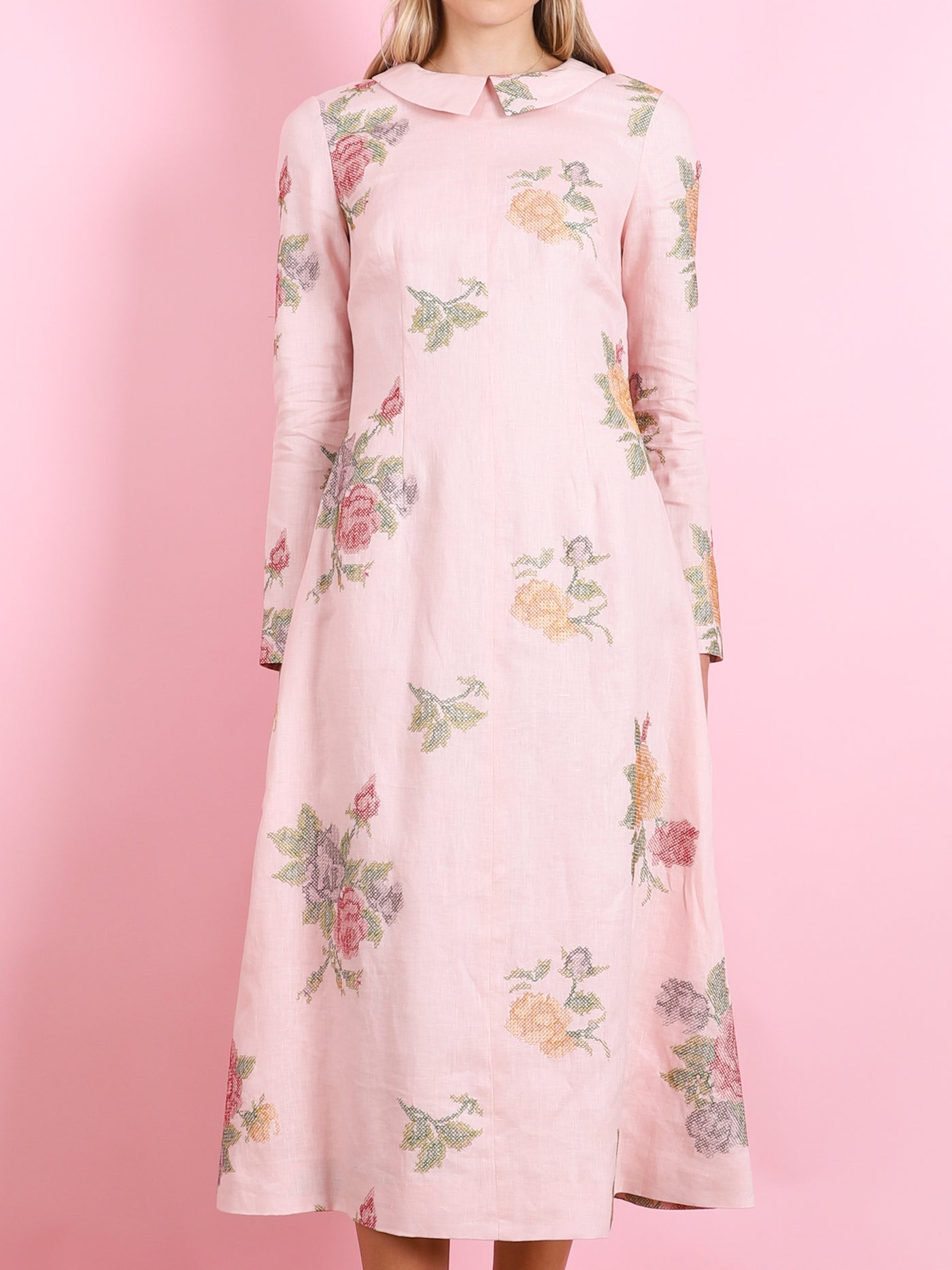 GRETEL LIGHT PINK CROSS STITCH FLORAL MIDI DRESS