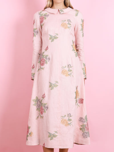 GRETEL LIGHT PINK CROSS STITCH FLORAL MIDI DRESS