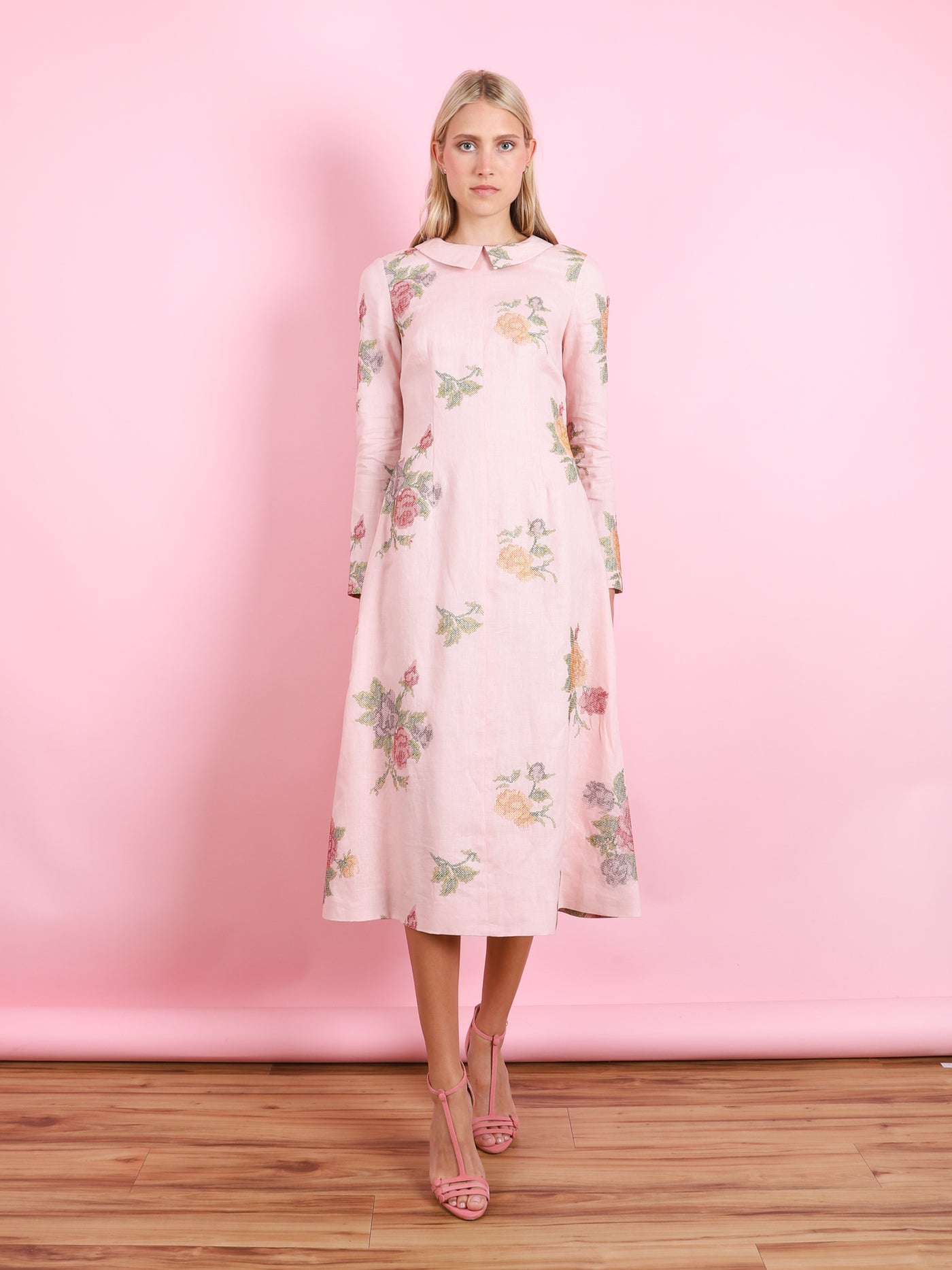 GRETEL LIGHT PINK CROSS STITCH FLORAL MIDI DRESS