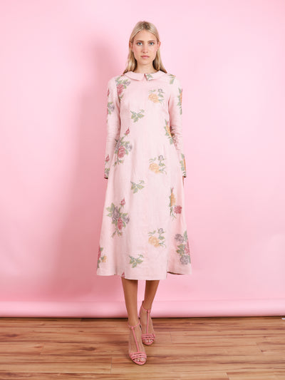 GRETEL LIGHT PINK CROSS STITCH FLORAL MIDI DRESS