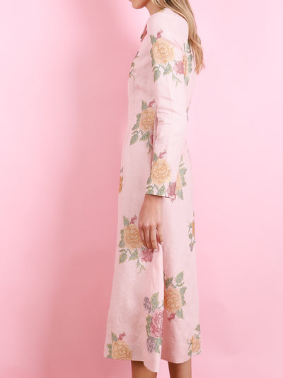GRETEL LIGHT PINK CROSS STITCH FLORAL MIDI DRESS
