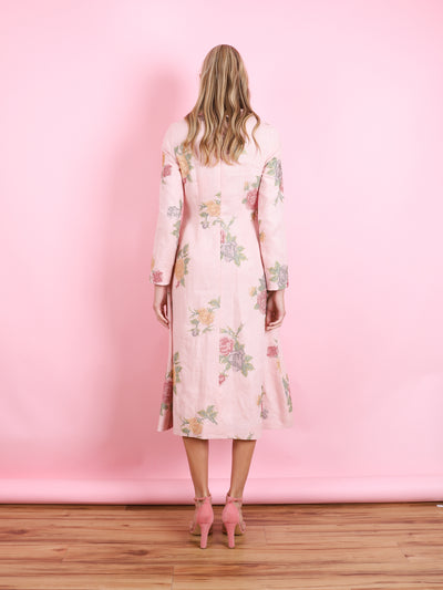 GRETEL LIGHT PINK CROSS STITCH FLORAL MIDI DRESS