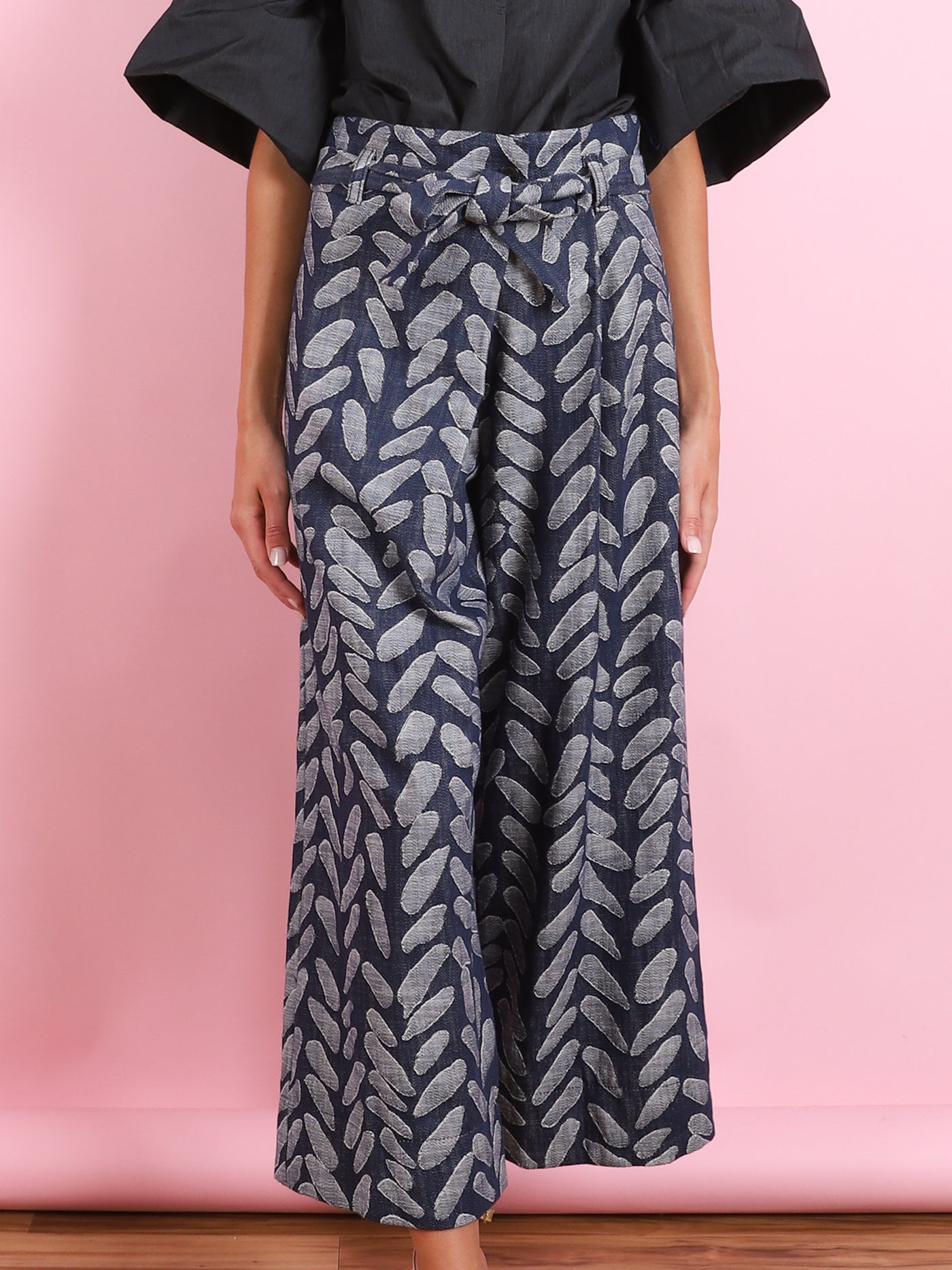 WIDE LEG PRINT DENIM PANTS