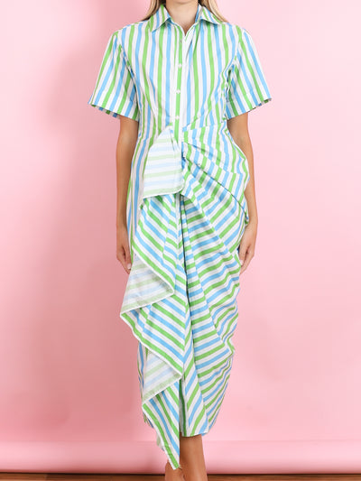 GATHERED RUFFLE SHIRT DRESS IN STRIPE COTTON POPLIN