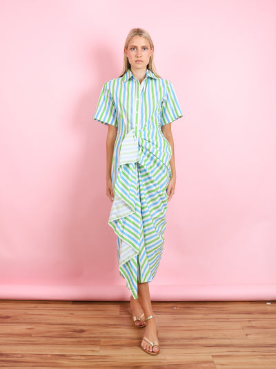 GATHERED RUFFLE SHIRT DRESS IN STRIPE COTTON POPLIN