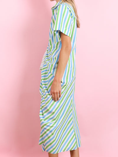 GATHERED RUFFLE SHIRT DRESS IN STRIPE COTTON POPLIN