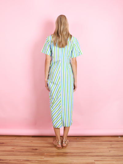 GATHERED RUFFLE SHIRT DRESS IN STRIPE COTTON POPLIN