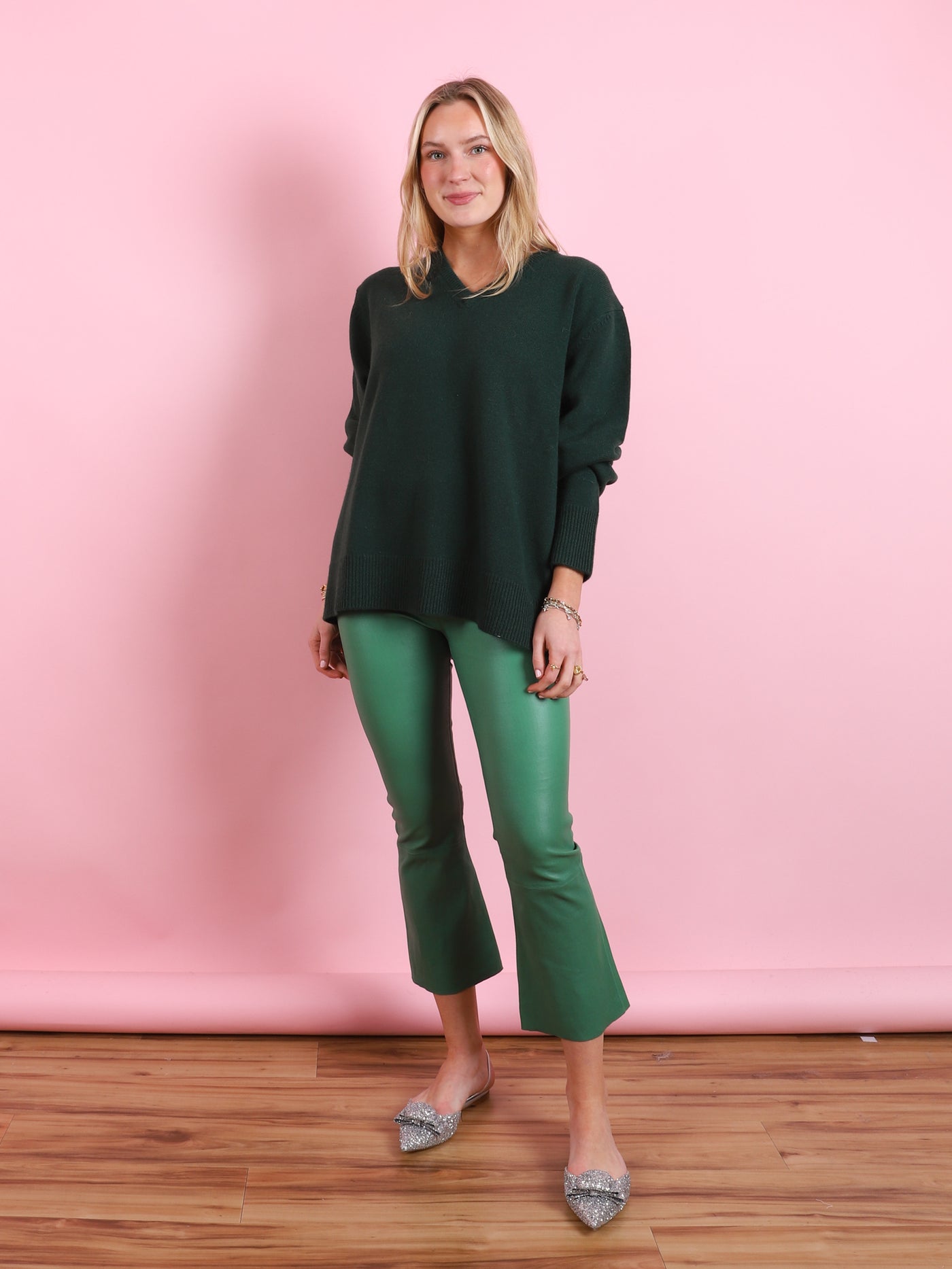 Crop Flare Leather Legging in Evergreen