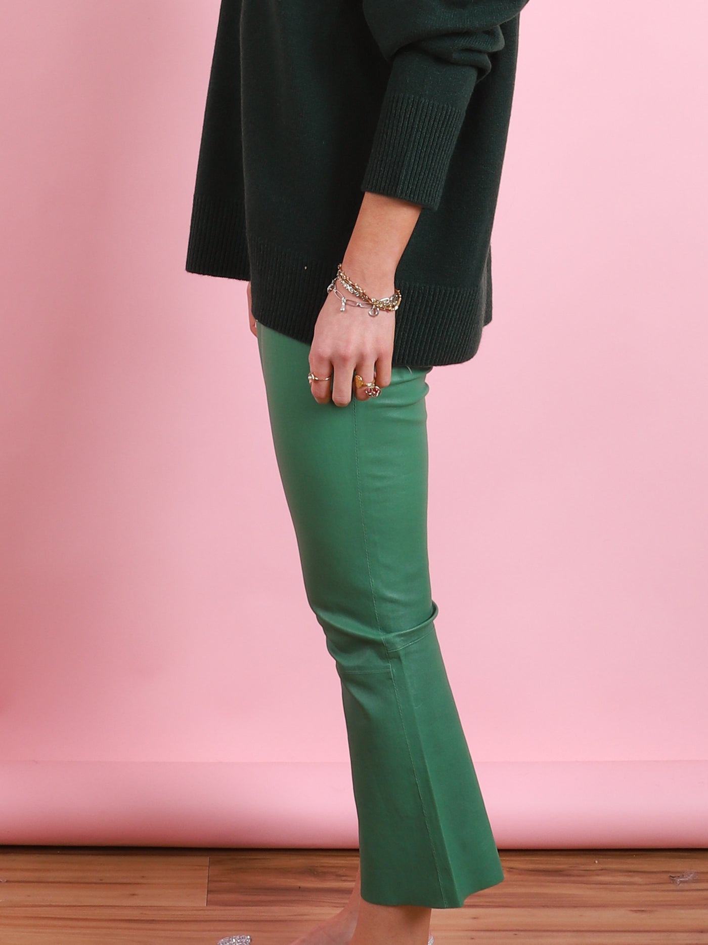 Crop Flare Leather Legging in Evergreen