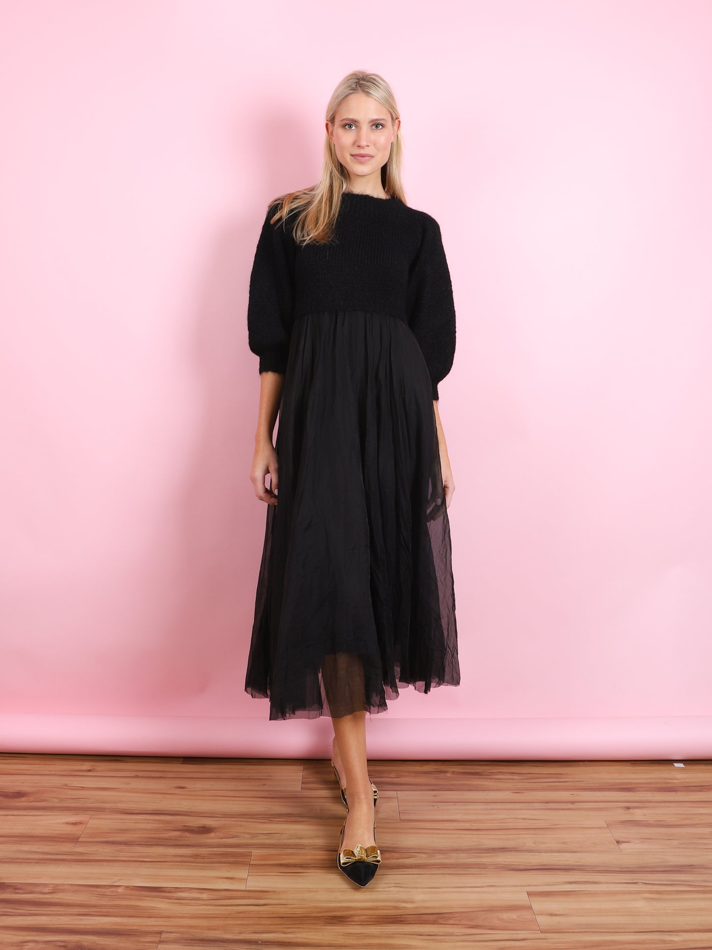 KNIT & CHIFFON MIDI DRESS