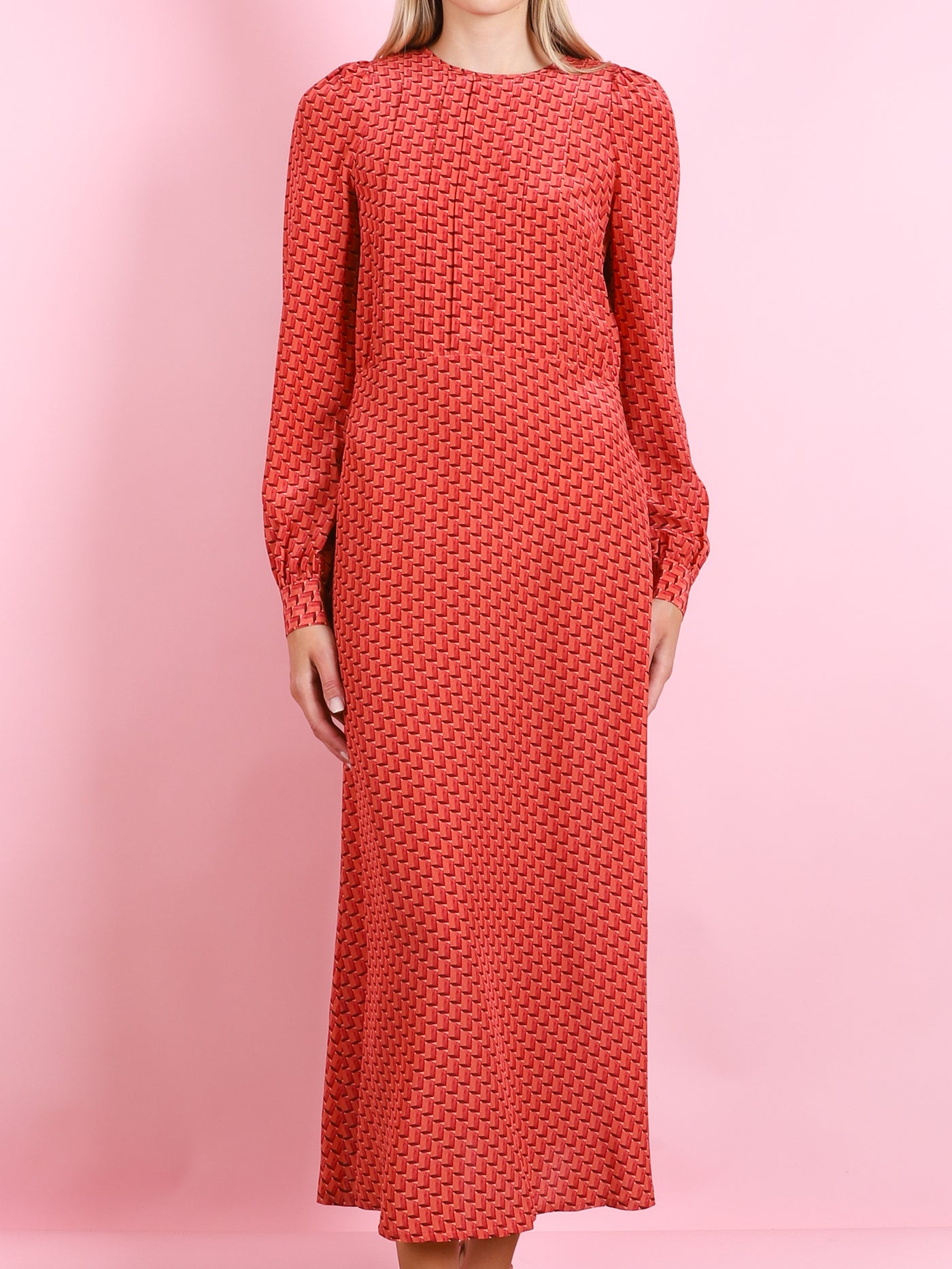 CINNAMON SILK PRINT LONG SLEEVE DRESS