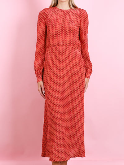 CINNAMON SILK PRINT LONG SLEEVE DRESS