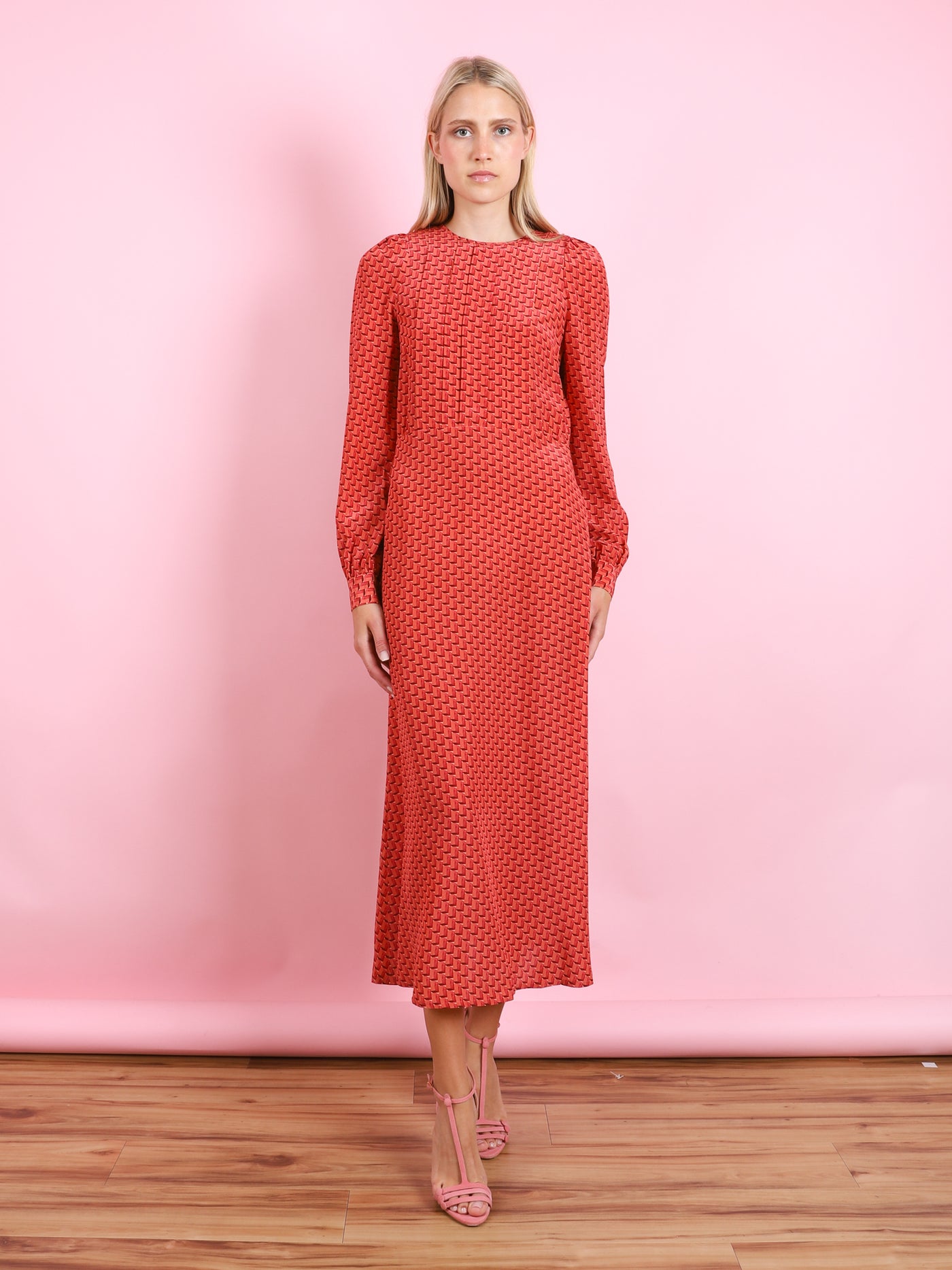 CINNAMON SILK PRINT LONG SLEEVE DRESS