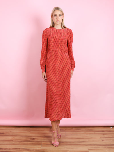 CINNAMON SILK PRINT LONG SLEEVE DRESS