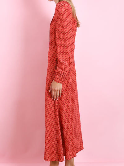 CINNAMON SILK PRINT LONG SLEEVE DRESS