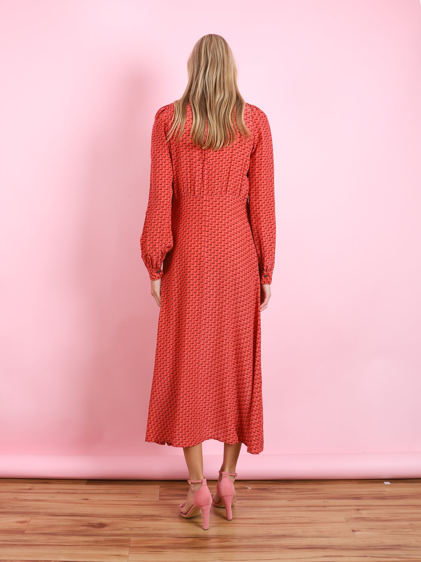 CINNAMON SILK PRINT LONG SLEEVE DRESS