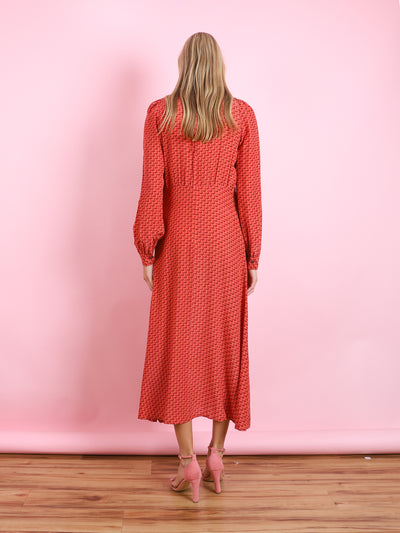 CINNAMON SILK PRINT LONG SLEEVE DRESS