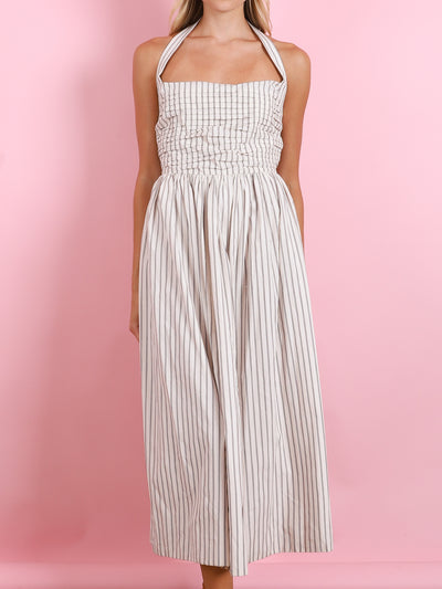 LEIA BURGUNDY STRIPED RUCHED HALTER DRESS