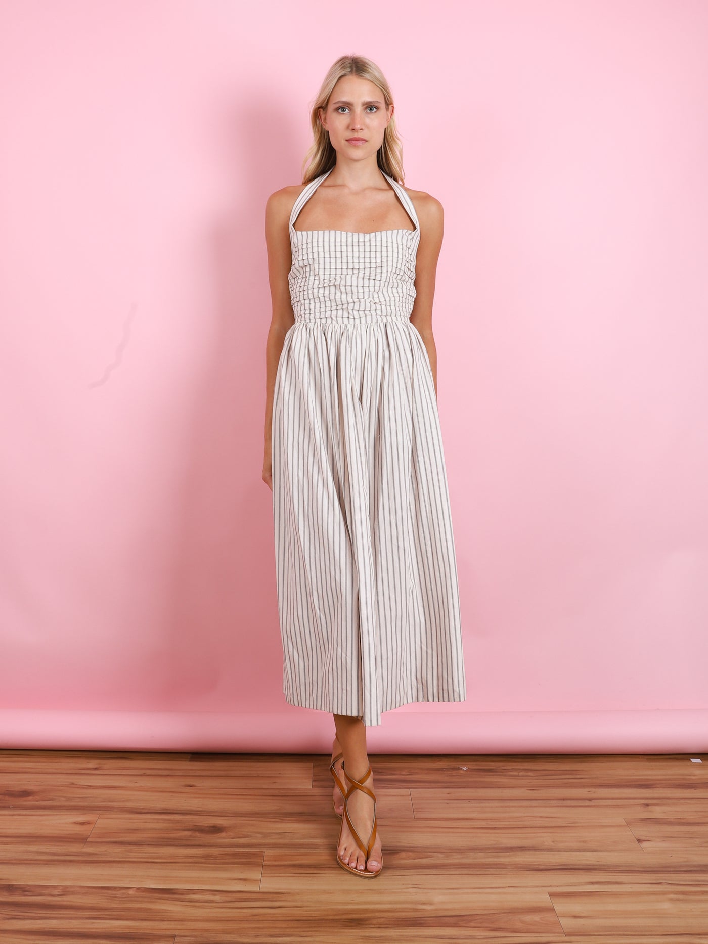 LEIA BURGUNDY STRIPED RUCHED HALTER DRESS