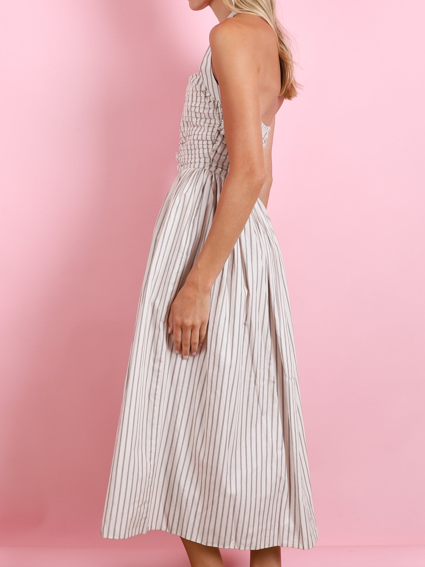 LEIA BURGUNDY STRIPED RUCHED HALTER DRESS