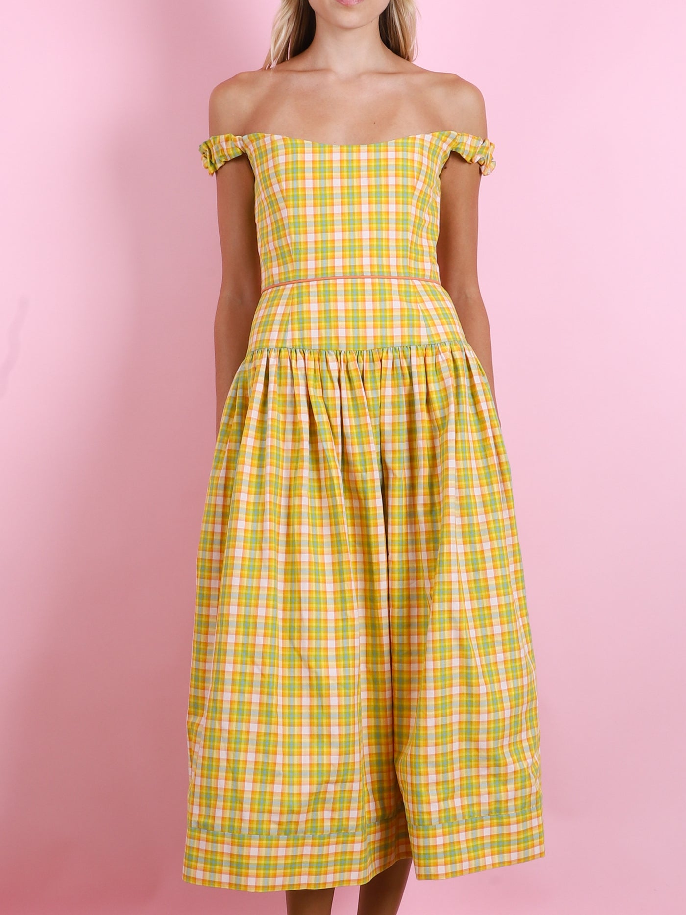 GIORGIA SAFFRON PLAID COTTTON MIDI DRESS