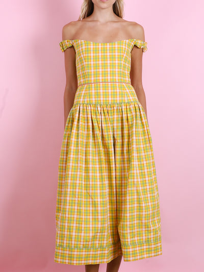 GIORGIA SAFFRON PLAID COTTTON MIDI DRESS