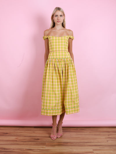 GIORGIA SAFFRON PLAID COTTTON MIDI DRESS