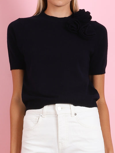 CREWNECK SHORT SLEEVED SWEATER WITH FLOWER