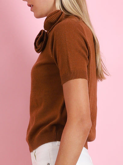 CREWNECK SHORT SLEEVED SWEATER WITH FLOWER