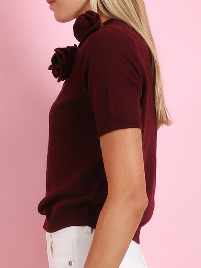 CREWNECK SHORT SLEEVED SWEATER WITH FLOWER