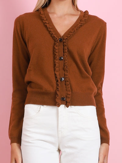 V-NECK CARDIGAN WITH RUFFLE