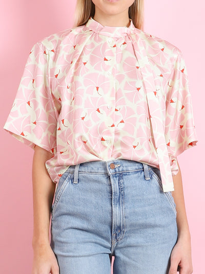 FAN FLOWER TIE NECK BLOUSE