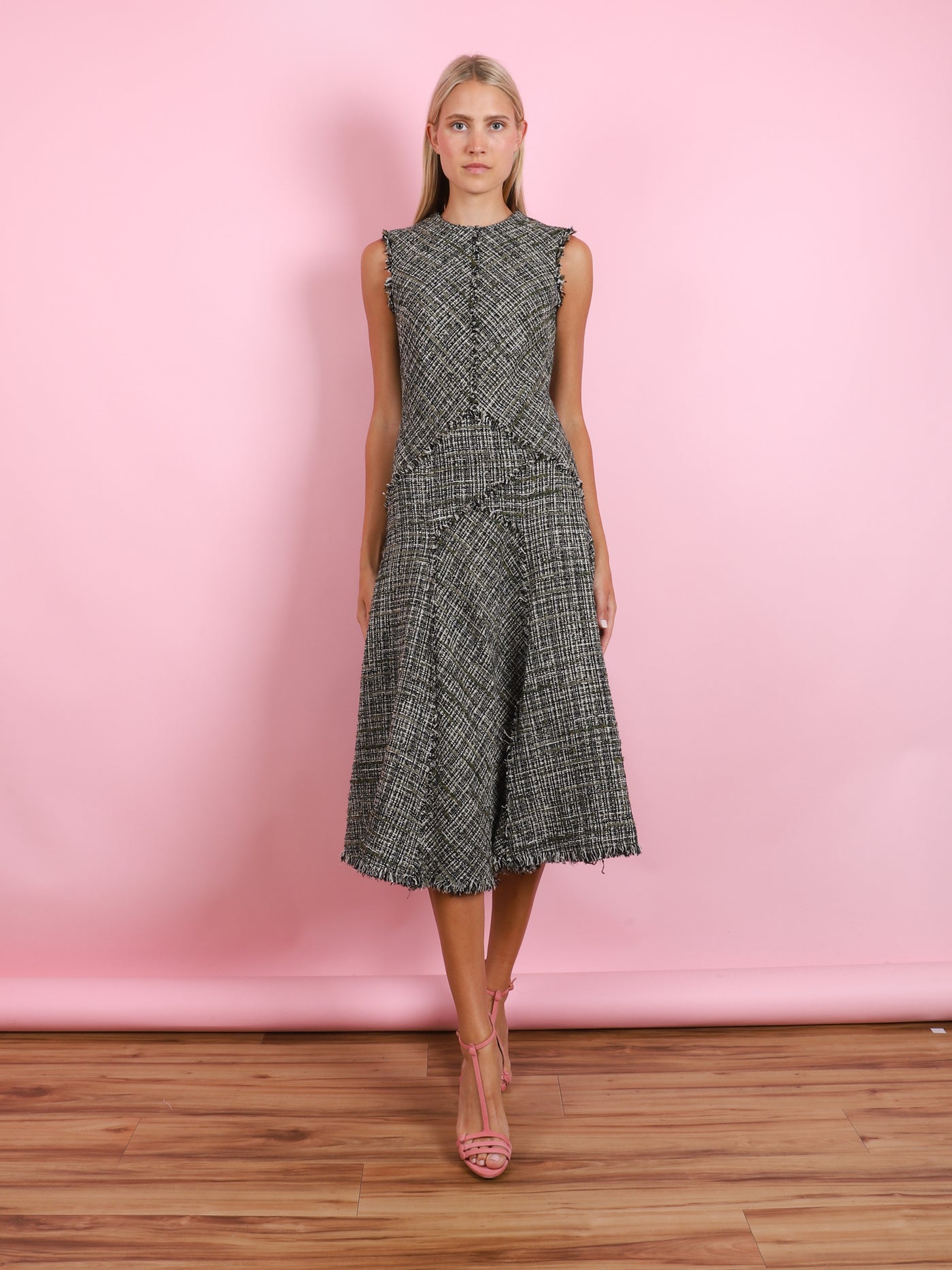 SLEEVELESS TWEED MIDI DRESS